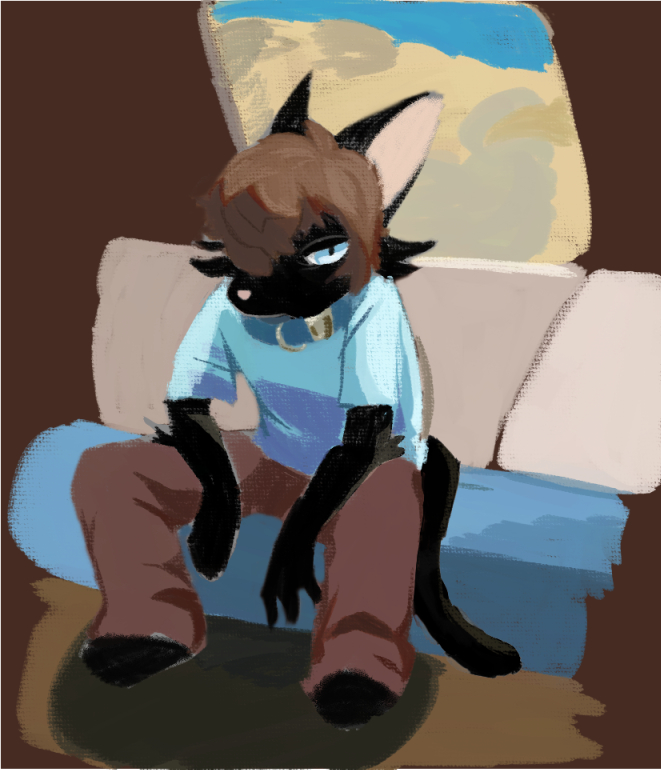 A drawing of a black furry cat sitting in a chair next to a window in a brown background